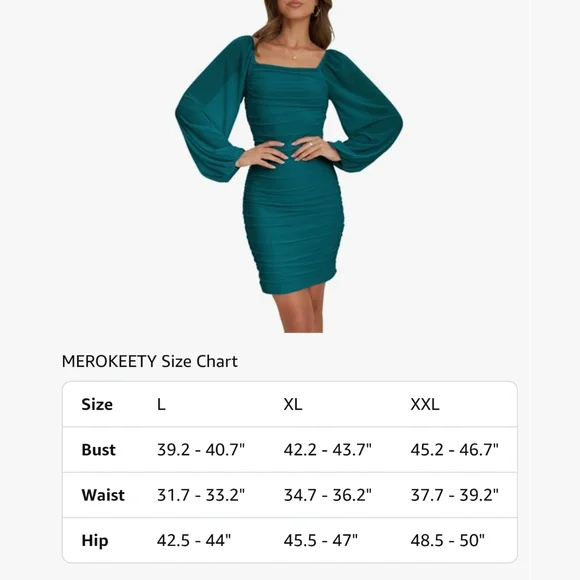 NWT Merokeety Teal Green Blue Mesh Ruched Lanturn Long Sleeve Mini Dress XL - Picture 13 of 16